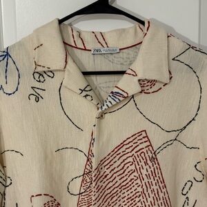Zara Beige Graphic Button-Up Shirt